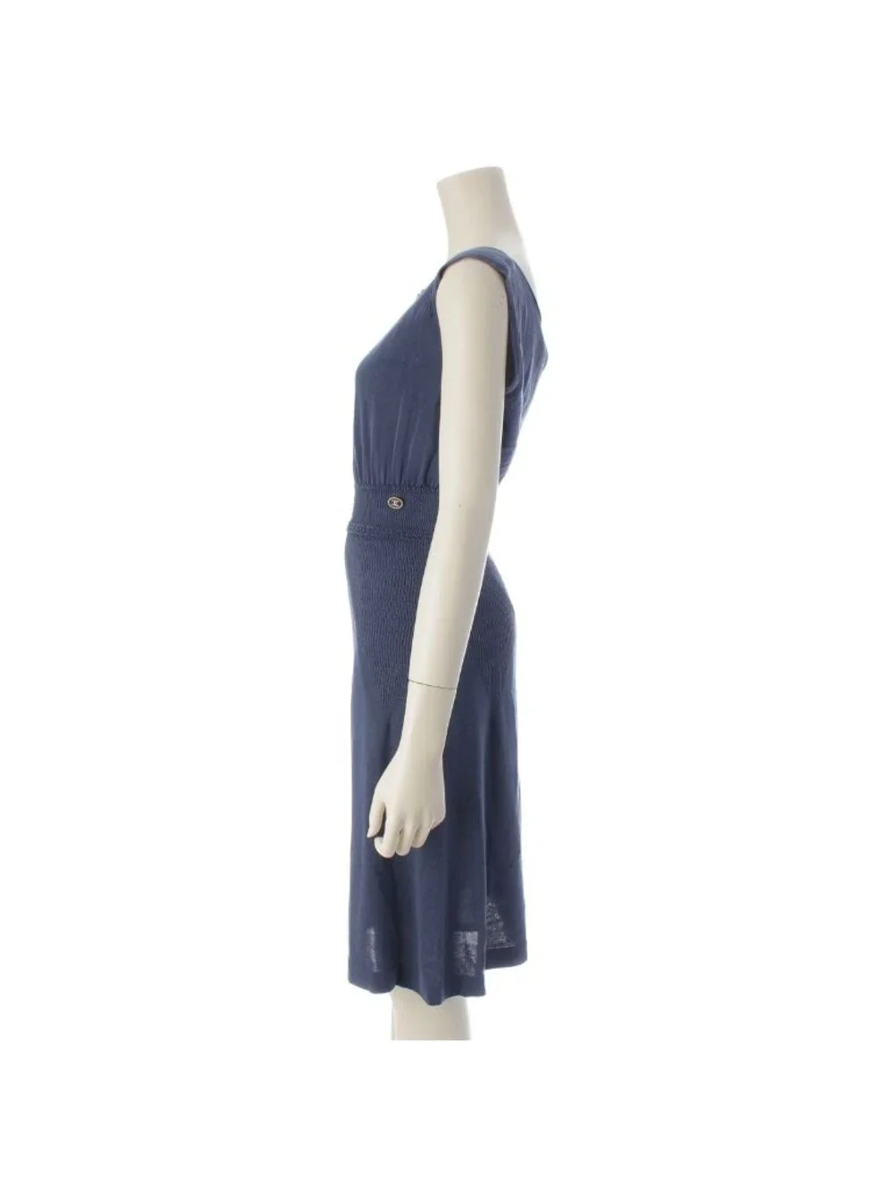 Chanel Cotton Change Knit CC Logo Plate Dress Sleeveless Top Skirt Navy 38